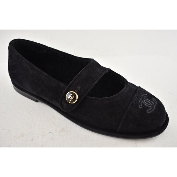 Chanel 25B Black Suede Shearling Fur Mary Jane Moccasin Ballet Loafer Flat 36.5 - Picture 8 of 16